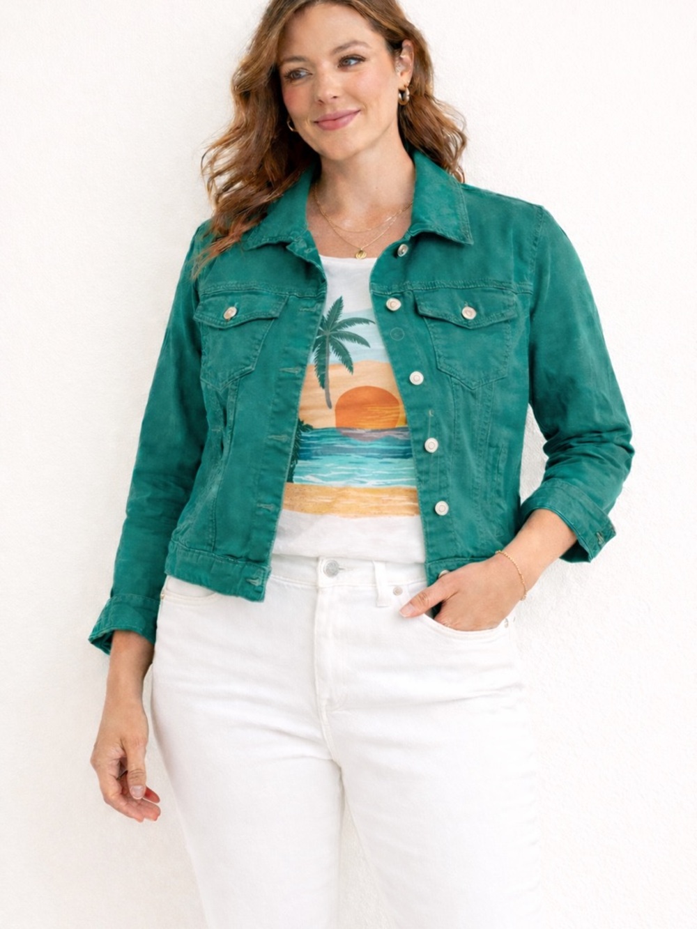 Curve Appeal Green Denim Jacket Size Medium Stretch Trucker Jacket Cropped Fit
